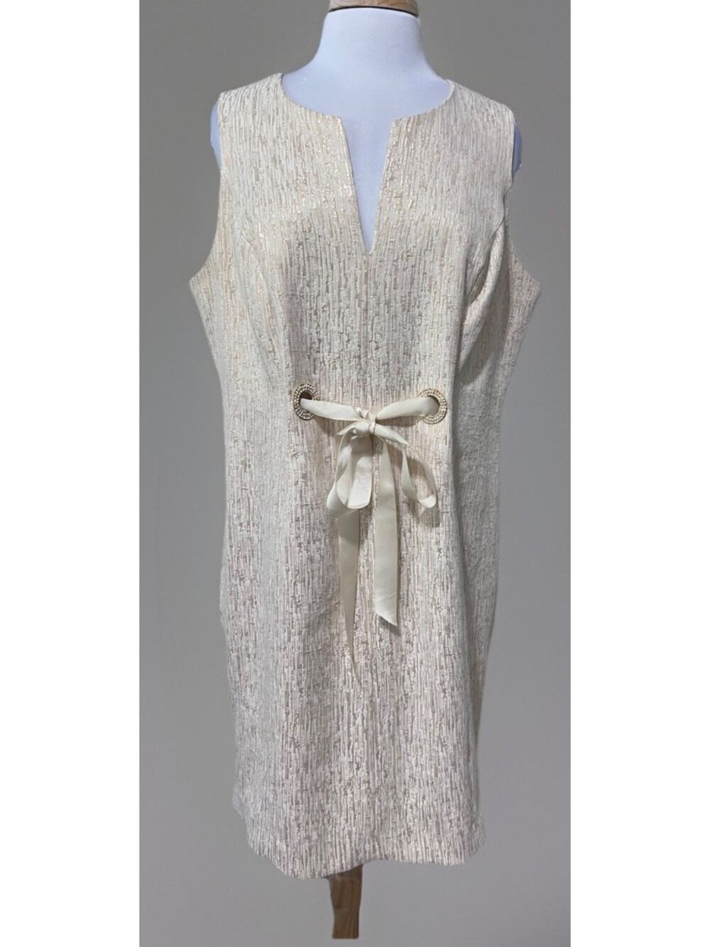 R & M Richards Formal Dress Elegant Ivory Gold Ribbon Crystal Grommets 18W